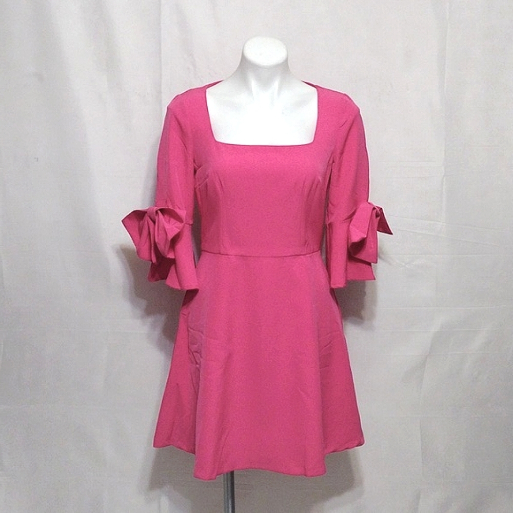 NWT Alexia Admor Hot Pink Mini Dress Medium Square Neck Bow Sleeve Elegant Chic